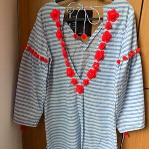 NWOT Stunning Blue & White Striped Beach Tunic with Neon Orange Details - M